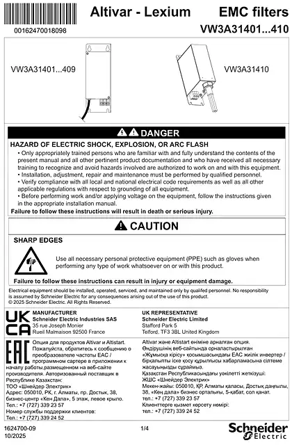 schneider施耐德Instruction sheet - EMC filters - VW3A31401...409